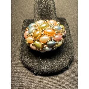 Kenneth Jay Lane Gold Plated Cluster Ring Faux Pearls Size 9